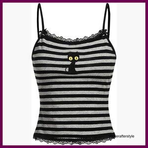 Lace Striped Spaghetti Strap Crop Camisole with Cat Embroidery